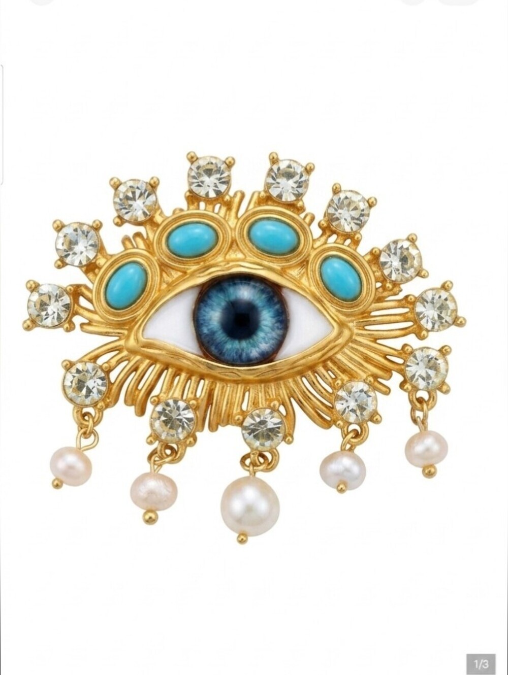 🆕️ Schiaparelli Type Gold and Blue Eye Brooch with Pearls NWOT